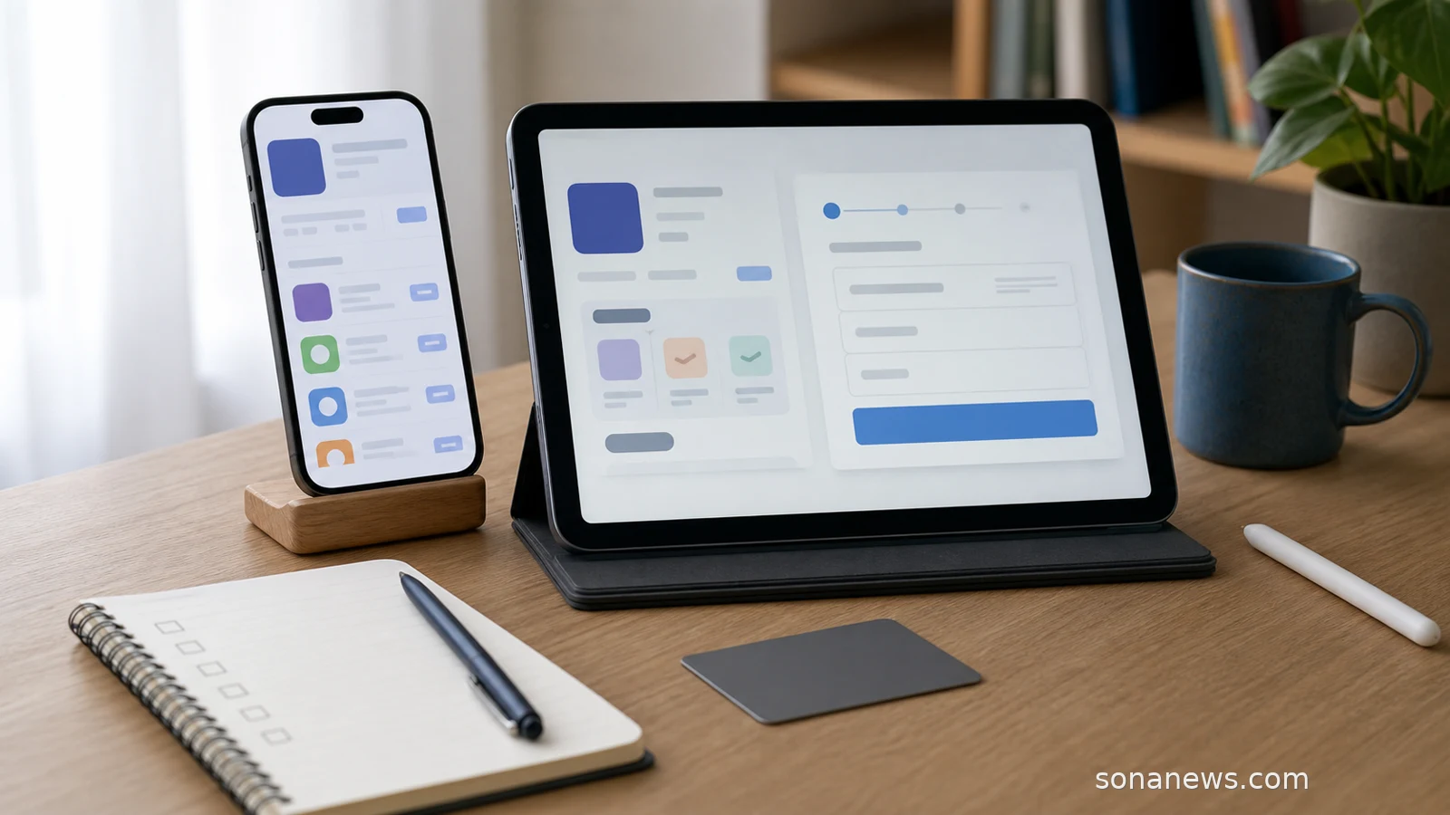 A phone and tablet show abstract app store checkout choices with external payment disclosures.