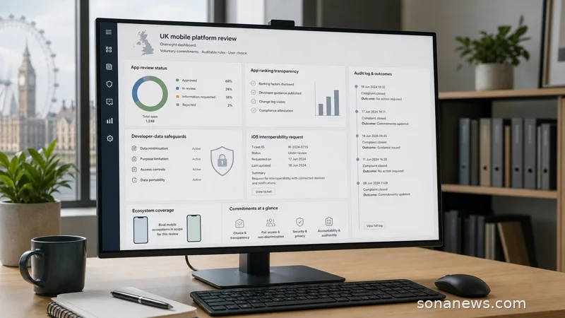 An unbranded CMA app store dashboard shows review timelines, ranking transparency, developer data safeguards and interoperability requests.