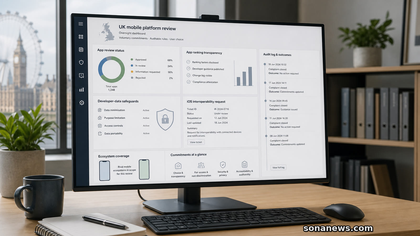 An unbranded CMA app store dashboard shows review timelines, ranking transparency, developer data safeguards and interoperability requests.