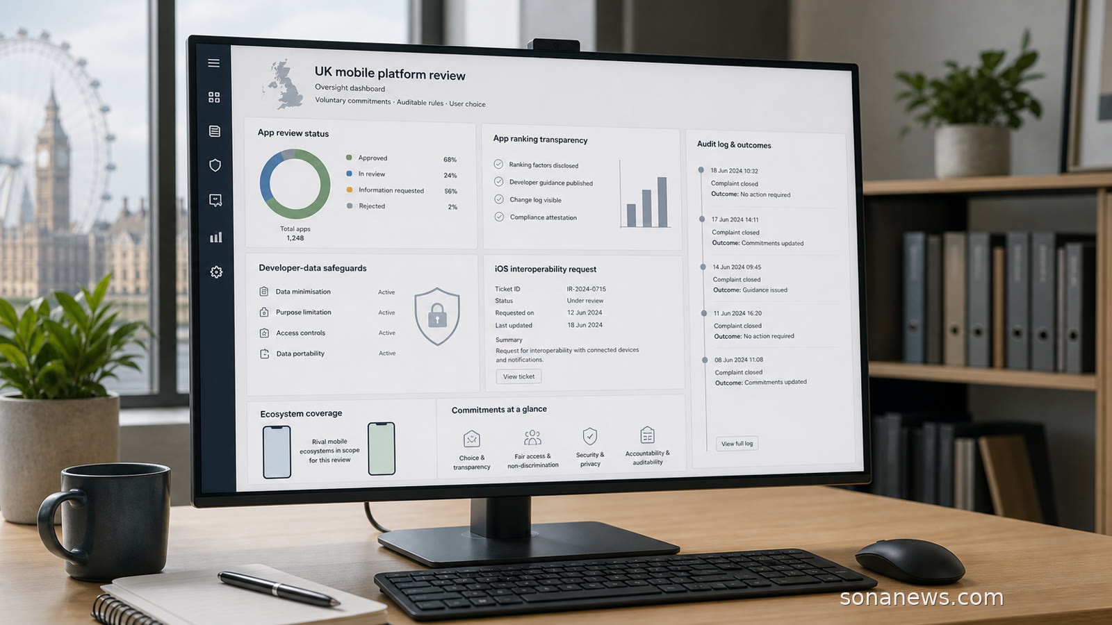 An unbranded CMA app store dashboard shows review timelines, ranking transparency, developer data safeguards and interoperability requests.