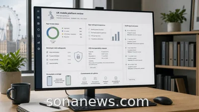 An unbranded CMA app store dashboard shows review timelines, ranking transparency, developer data safeguards and interoperability requests.