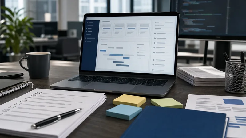 Laptop with a generic AI interface beside printed compliance notes and a pen.