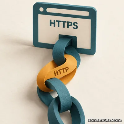 Conceptual redirect chain with an exposed HTTP link leading into an HTTPS browser page, illustrating Chrome's connection warning