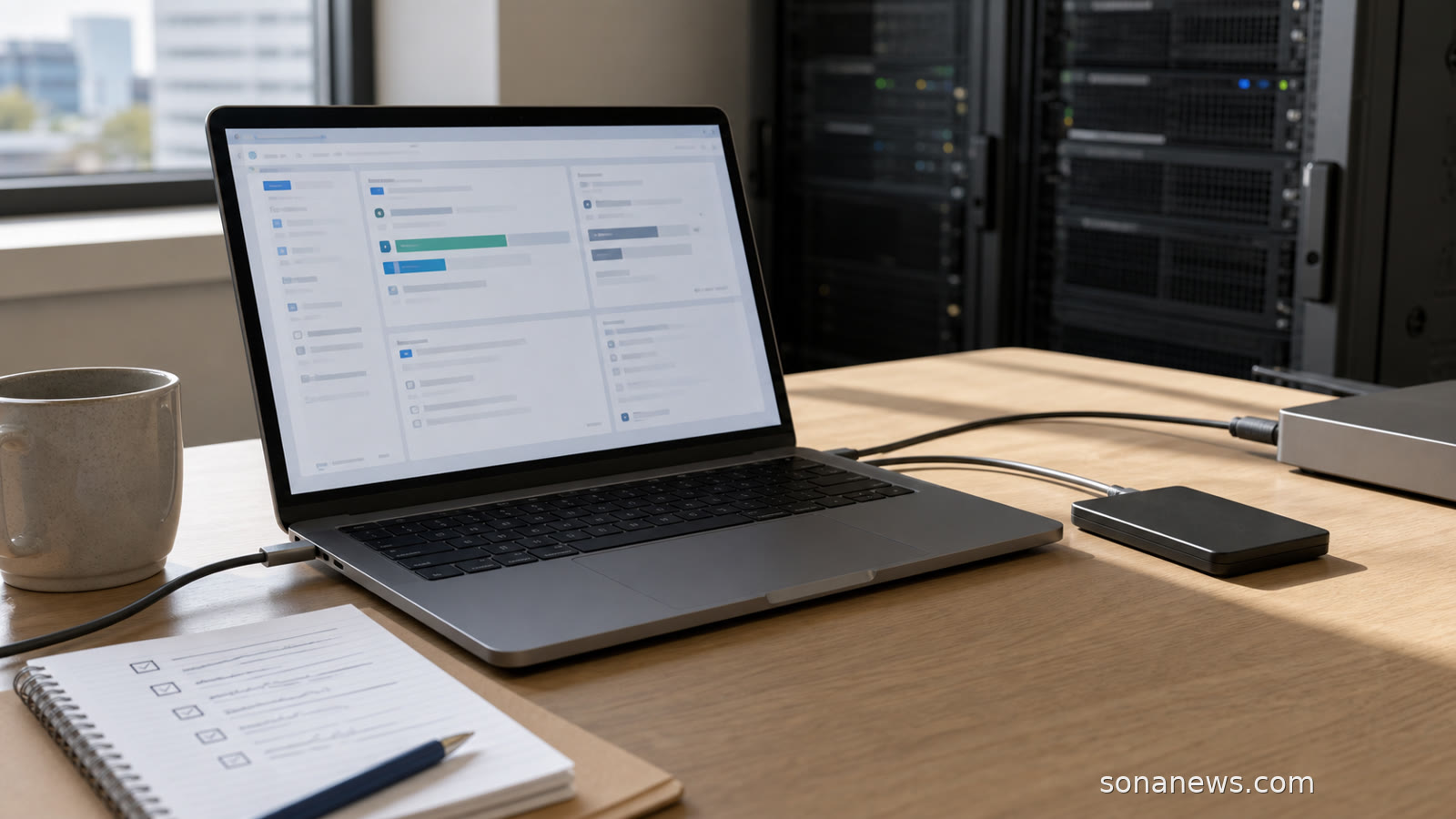 An unbranded laptop shows abstract cloud switching panels beside a notebook with a contract checklist.