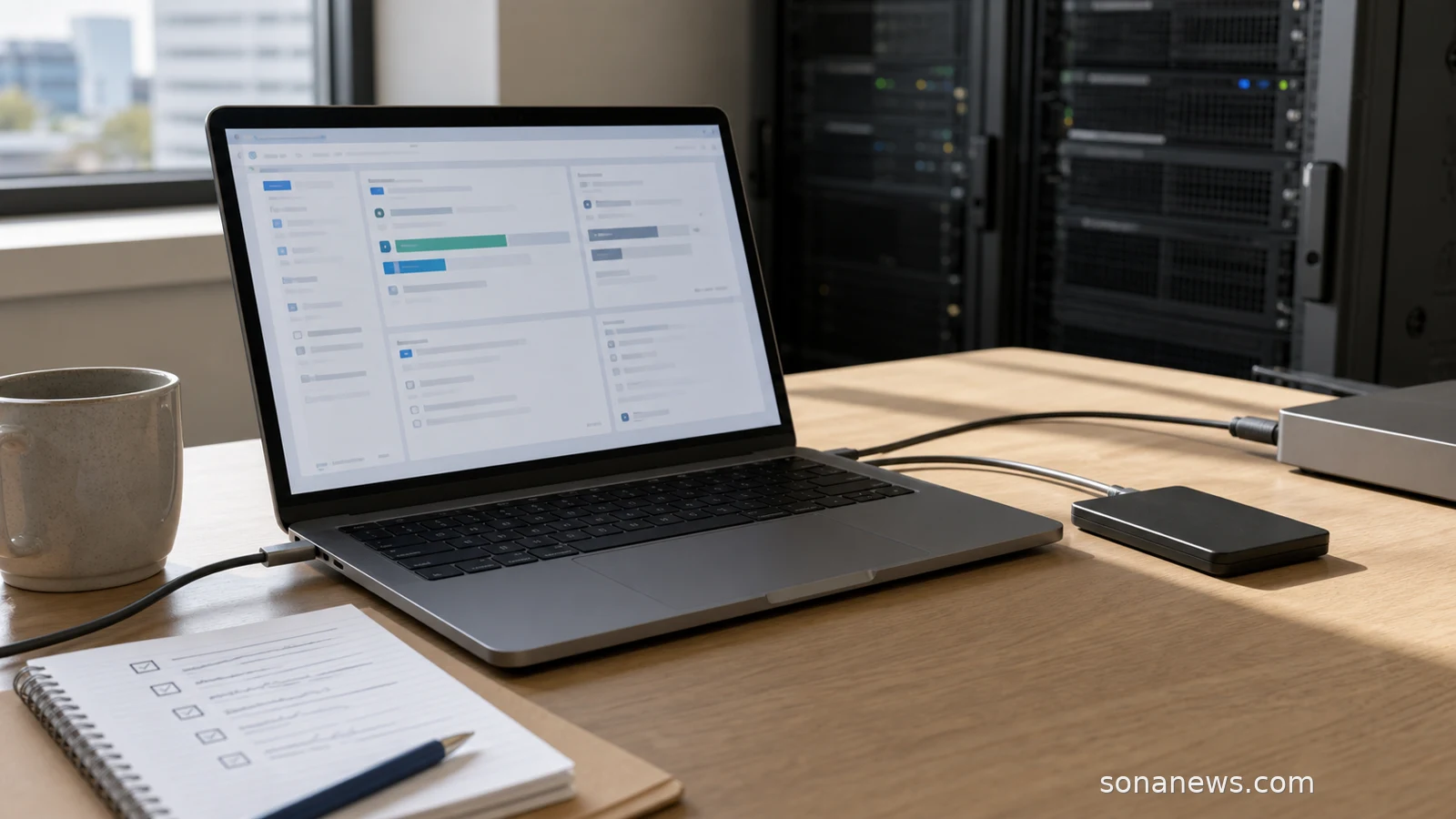 An unbranded laptop shows abstract cloud switching panels beside a notebook with a contract checklist.