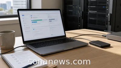 An unbranded laptop shows abstract cloud switching panels beside a notebook with a contract checklist.