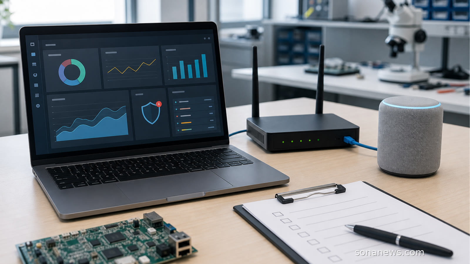 Laptop security dashboard beside connected devices and a checklist, illustrating Cyber Resilience Act product security reporting.