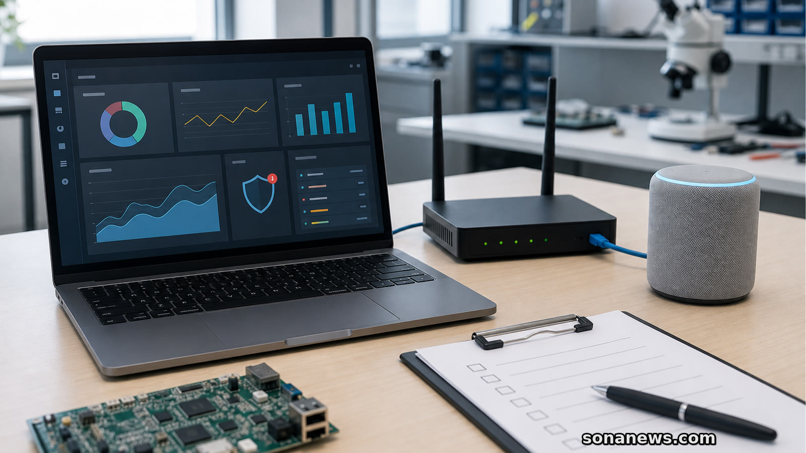 Laptop security dashboard beside connected devices and a checklist, illustrating Cyber Resilience Act product security reporting.
