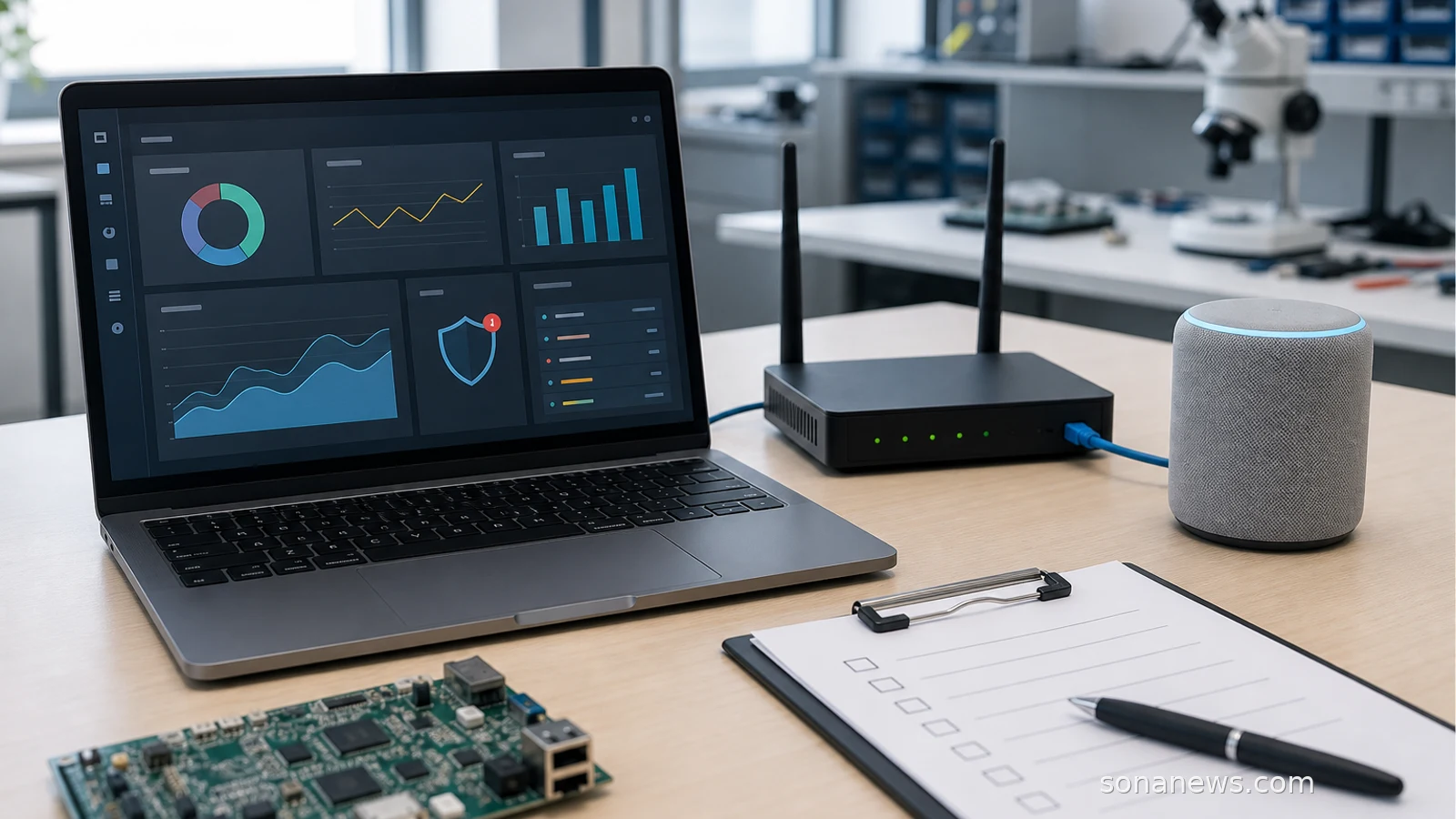 Laptop security dashboard beside connected devices and a checklist, illustrating Cyber Resilience Act product security reporting.