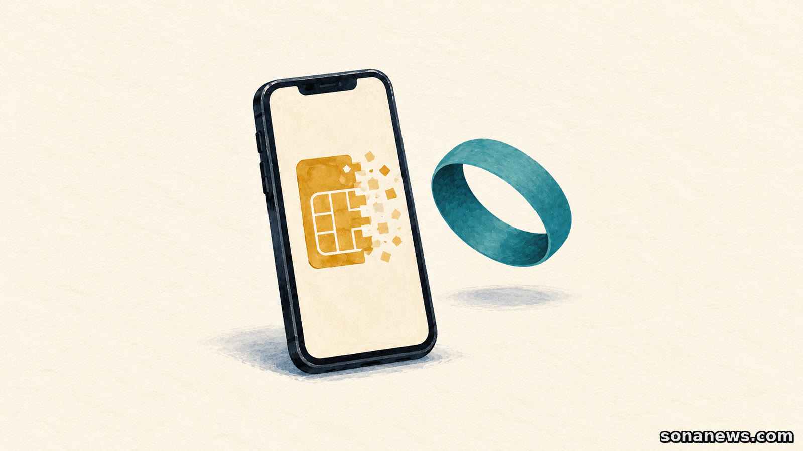 Conceptual eSIM symbol fading on a phone beside an intact looping ribbon, illustrating a mobile plan continuing after profile removal