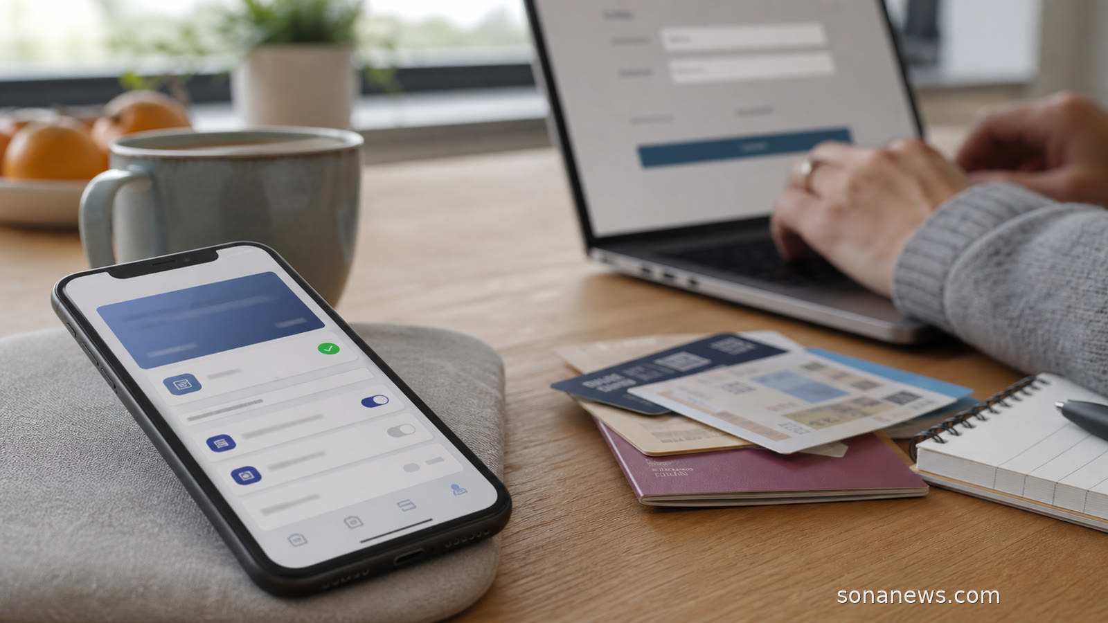 An unbranded phone shows a European Digital Identity Wallet style login beside blurred credential cards.