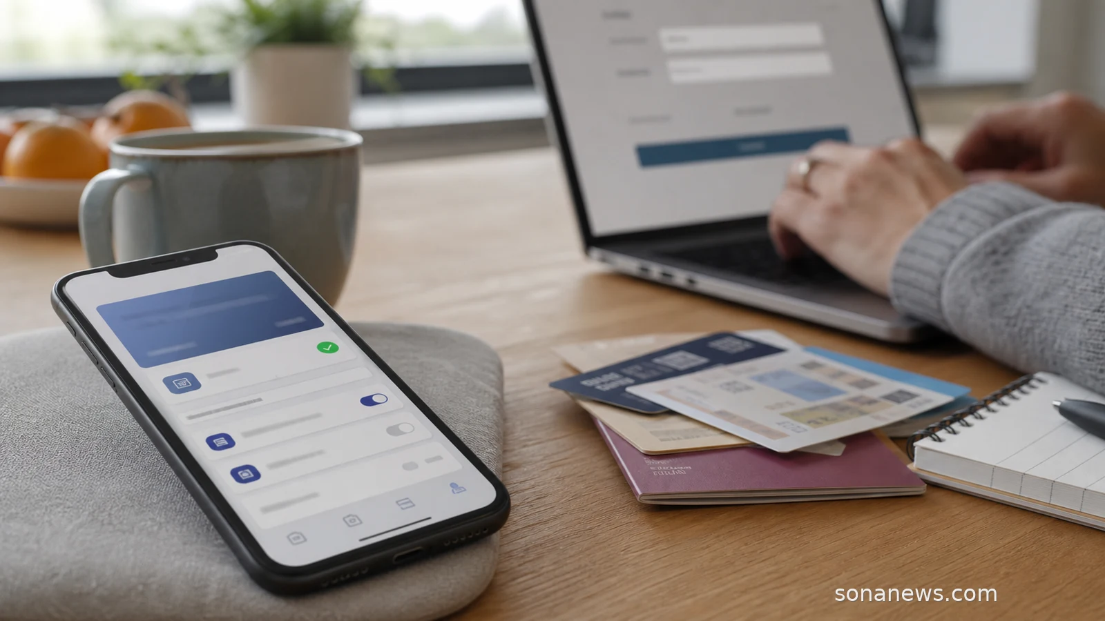An unbranded phone shows a European Digital Identity Wallet style login beside blurred credential cards.