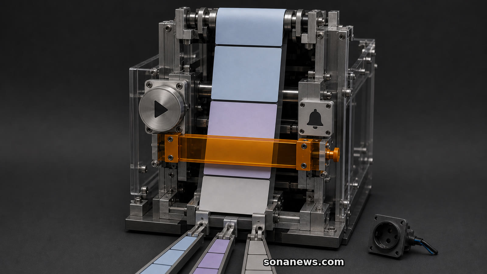 A mechanical stop interrupts an endless feed test rig representing the EU Meta design case.