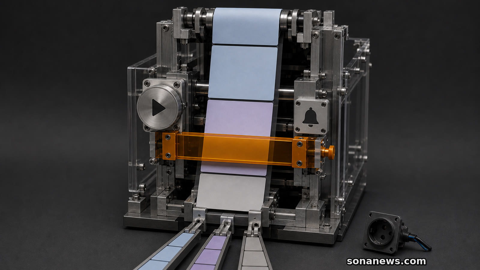A mechanical stop interrupts an endless feed test rig representing the EU Meta design case.