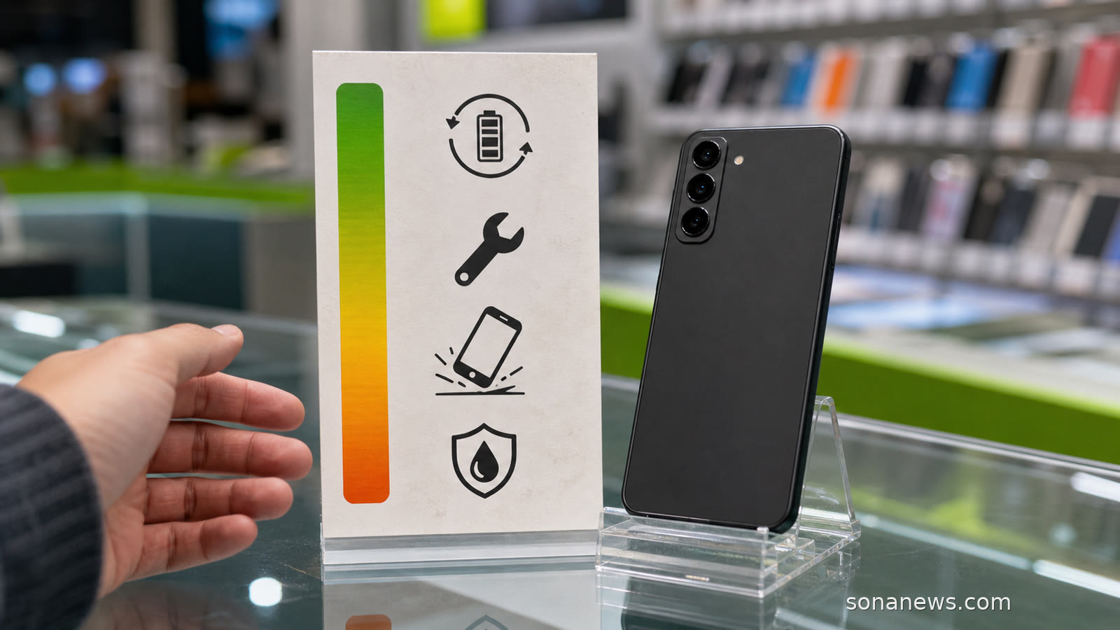 A smartphone on a European retail counter sits beside a colour-graded product card with battery, repair, drop and water-resistance symbols.
