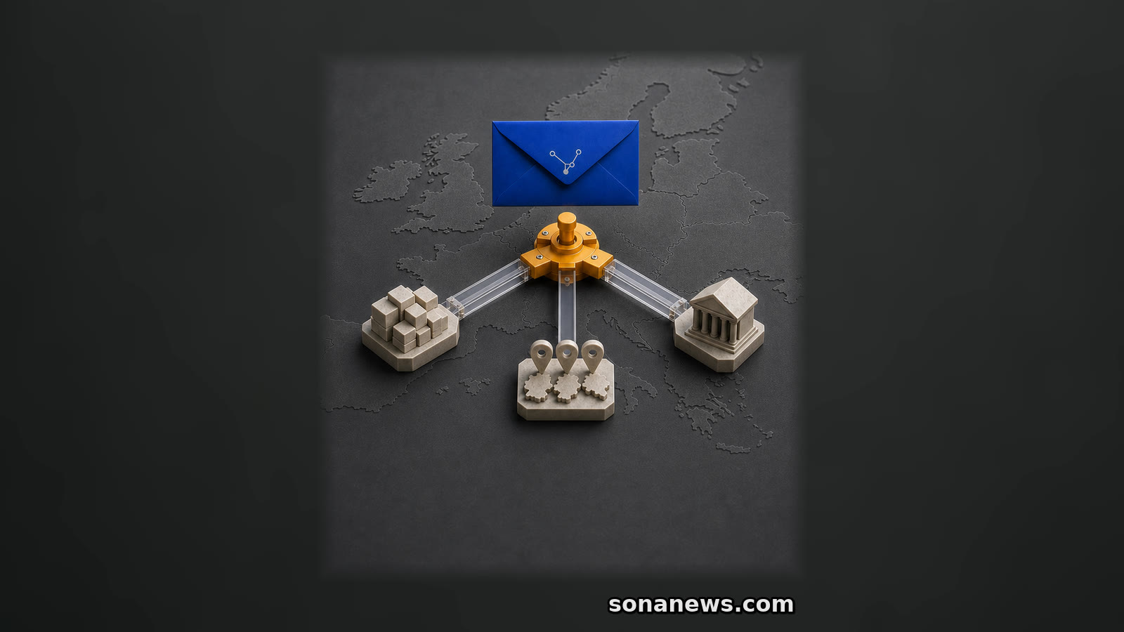 A conceptual AI complaint envelope enters a three-way regulatory routing switch over a map of Europe.