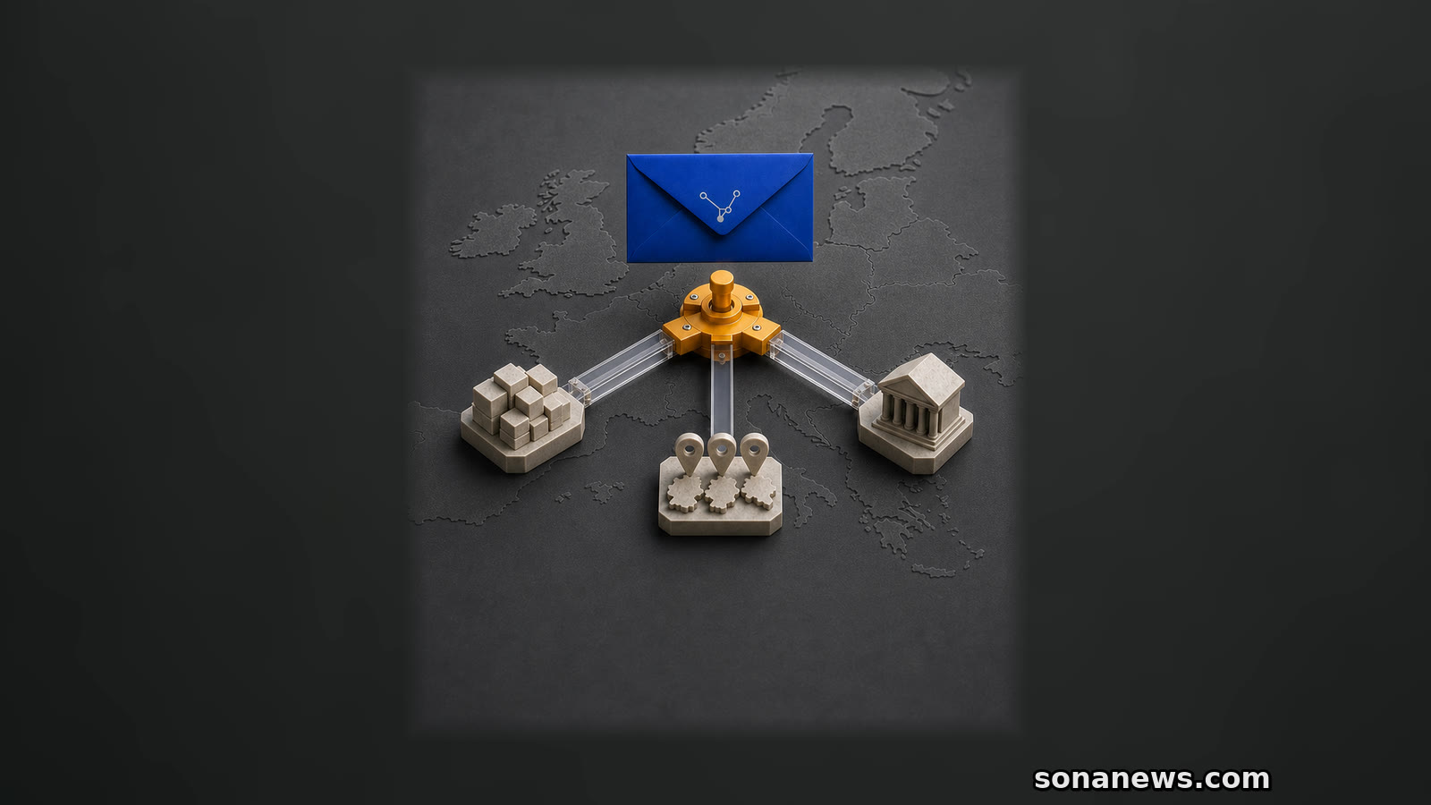 A conceptual AI complaint envelope enters a three-way regulatory routing switch over a map of Europe.