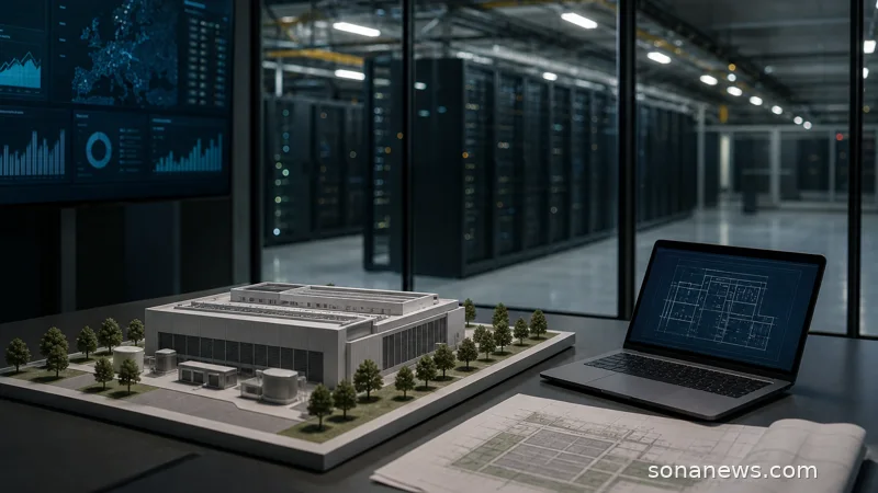 Unbranded data centre model beside server racks and a laptop, illustrating Europe’s AI infrastructure plan.