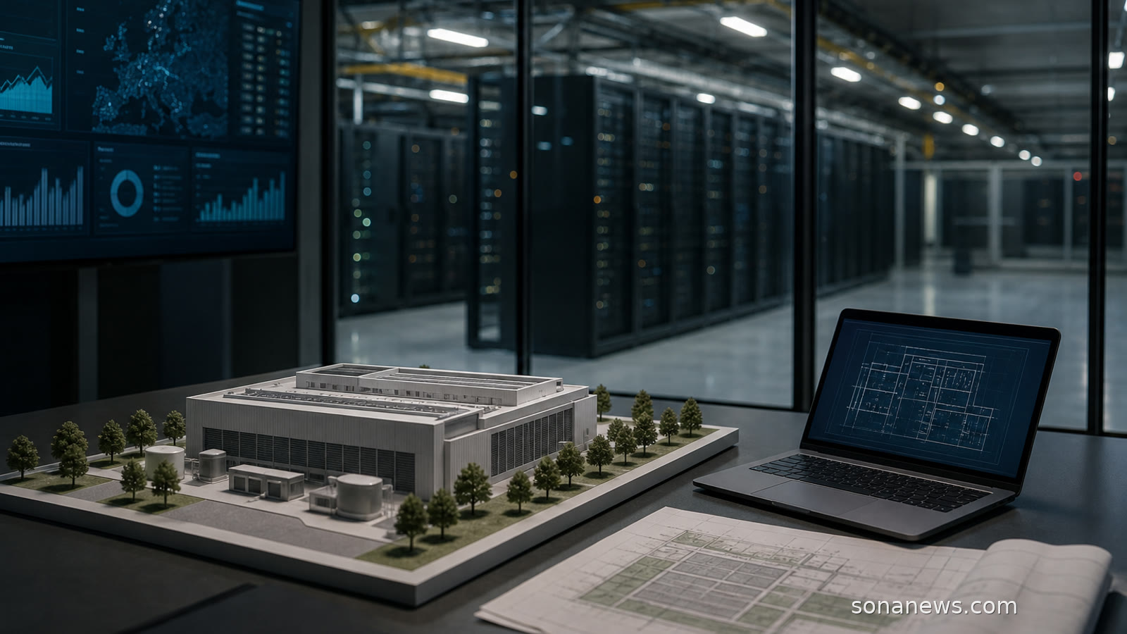 Unbranded data centre model beside server racks and a laptop, illustrating Europe’s AI infrastructure plan.