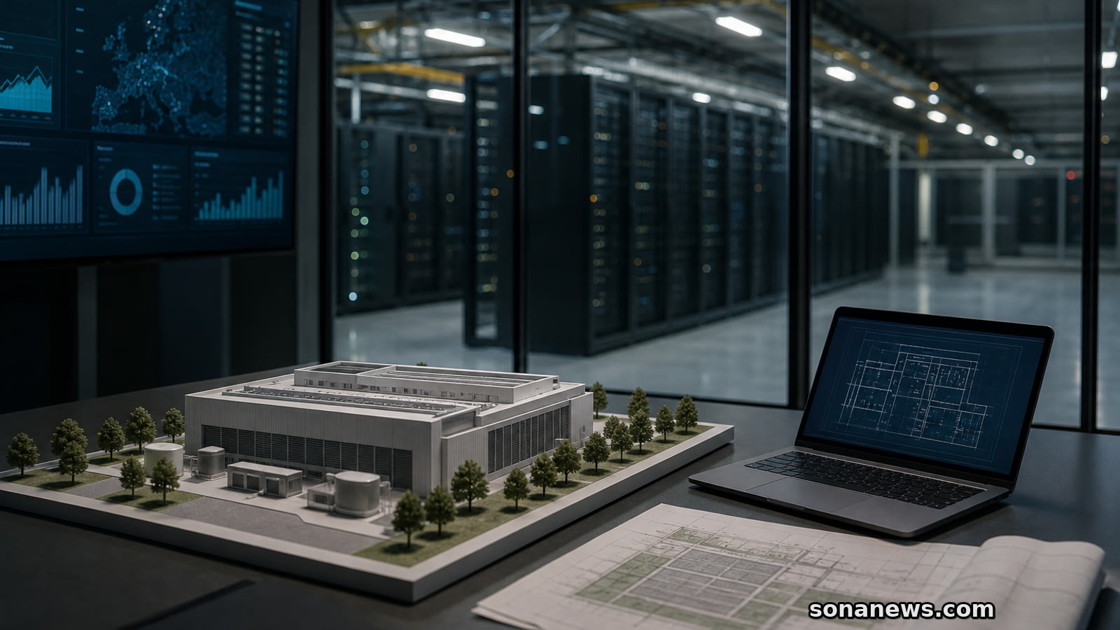 Unbranded data centre model beside server racks and a laptop, illustrating Europe’s AI infrastructure plan.