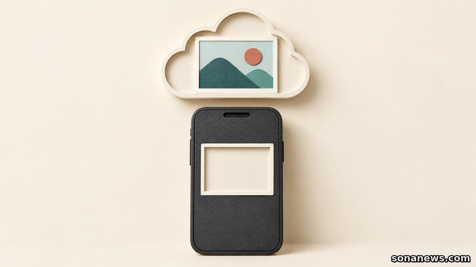 Conceptual phone with an empty photo recess below a cloud holding a landscape picture, illustrating Google Photos device storage and backup