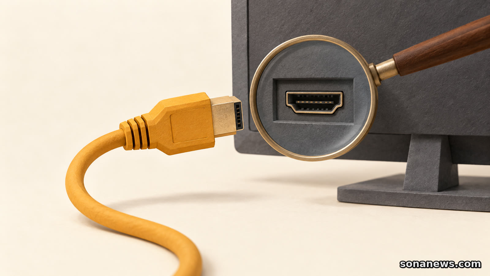 Conceptual HDMI cable beside a display socket under a magnifying glass, directing attention to the device connection rather than the cable