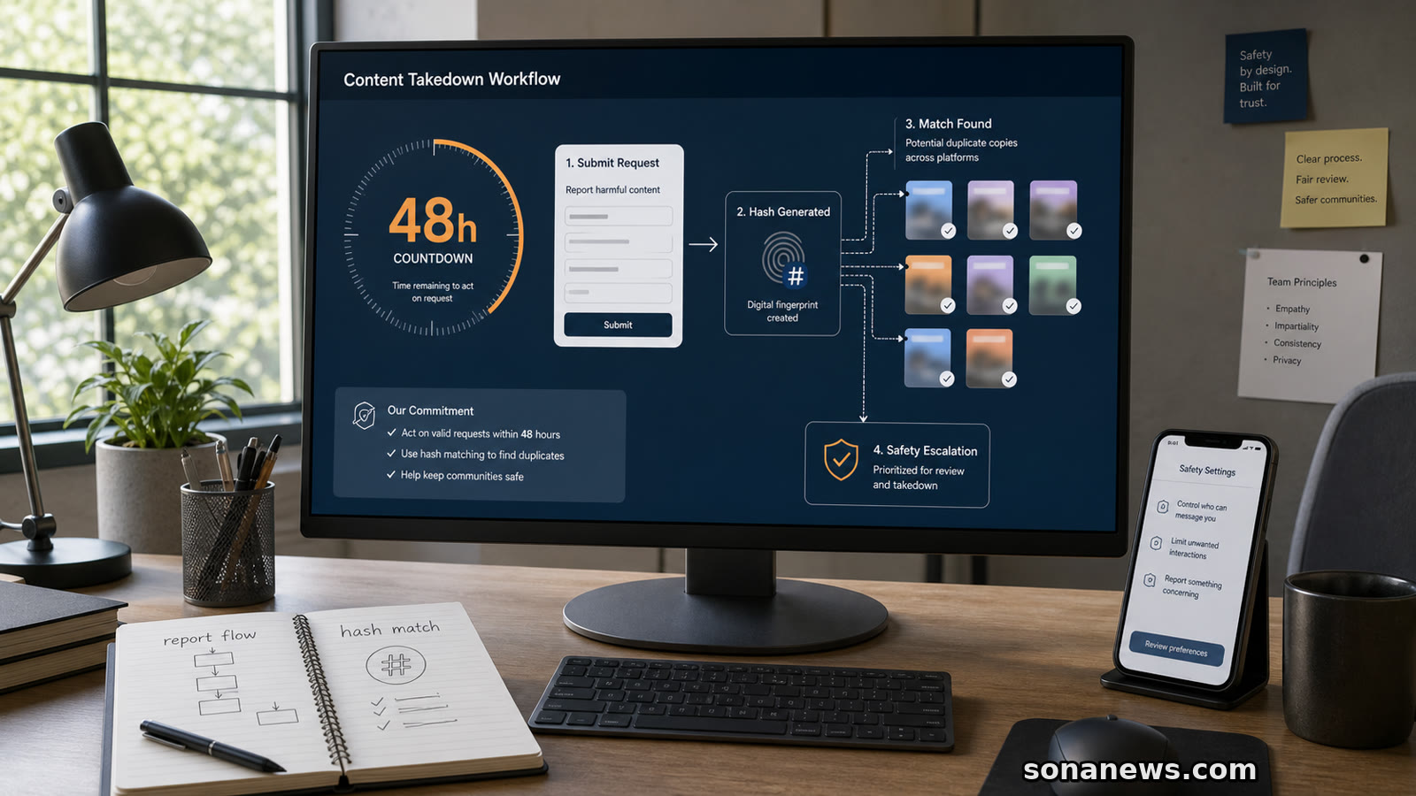 An unbranded platform safety dashboard shows a 48-hour takedown workflow, hash matching and duplicate app copies.