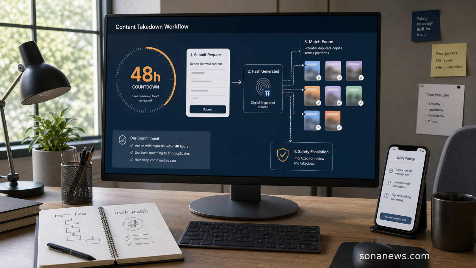 An unbranded platform safety dashboard shows a 48-hour takedown workflow, hash matching and duplicate app copies.