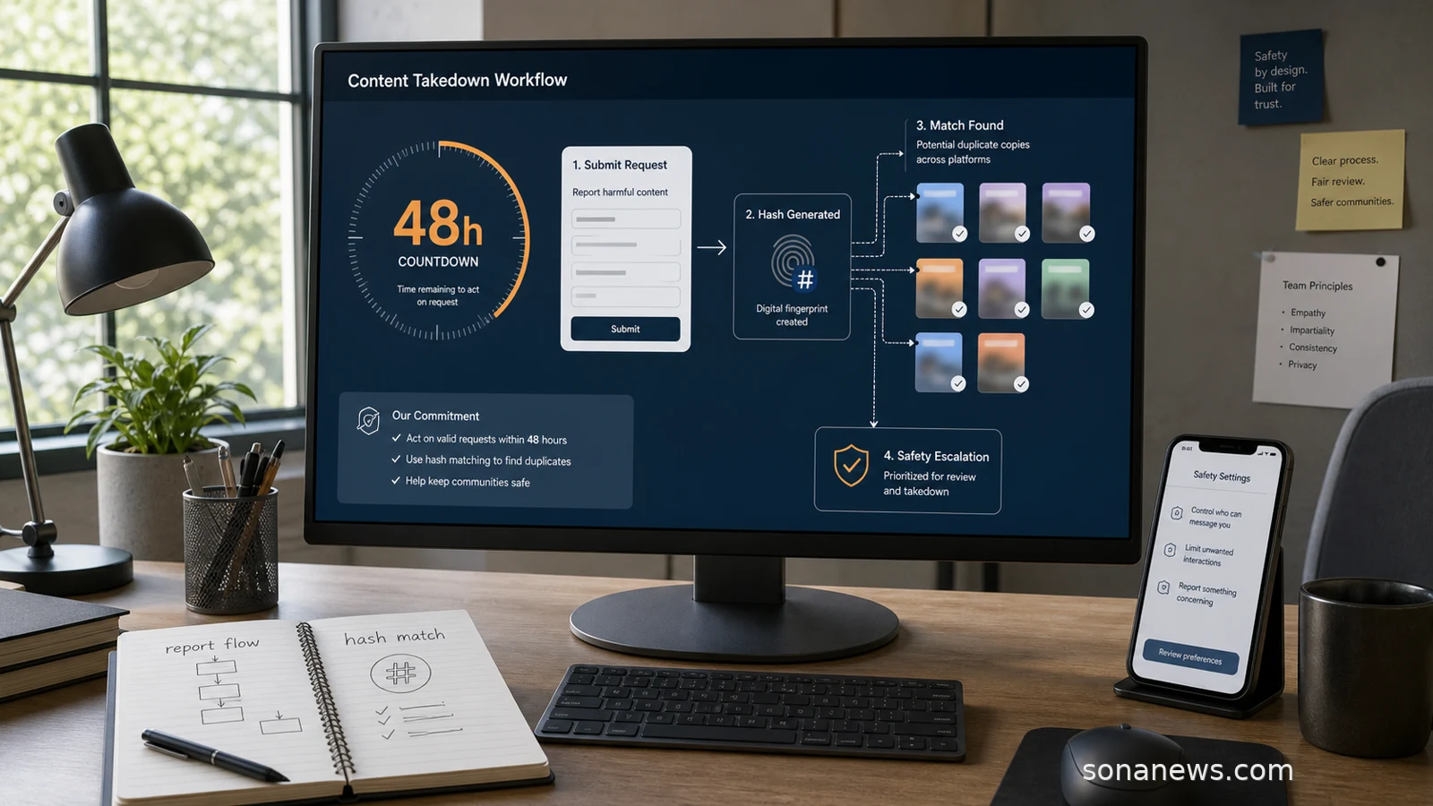 An unbranded platform safety dashboard shows a 48-hour takedown workflow, hash matching and duplicate app copies.