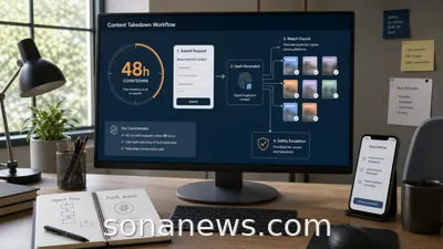 An unbranded platform safety dashboard shows a 48-hour takedown workflow, hash matching and duplicate app copies.