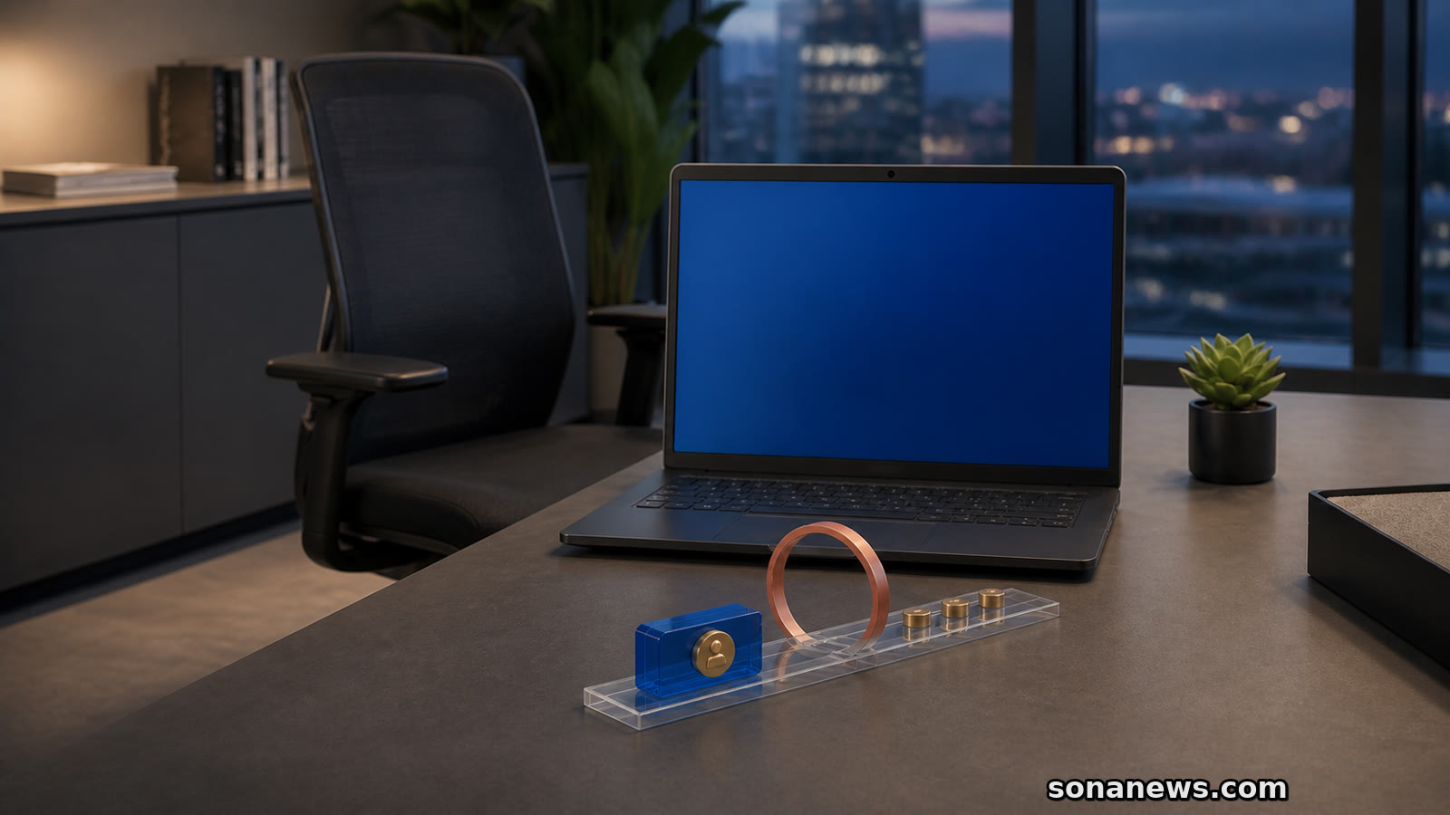 Conceptual Intune Remote Help session passing an identity token through a permission gate toward an unattended office laptop