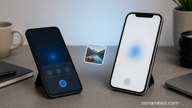 Two smartphones on a desk with an abstract file-sharing glow, illustrating iPhone and Android file sharing becoming easier.
