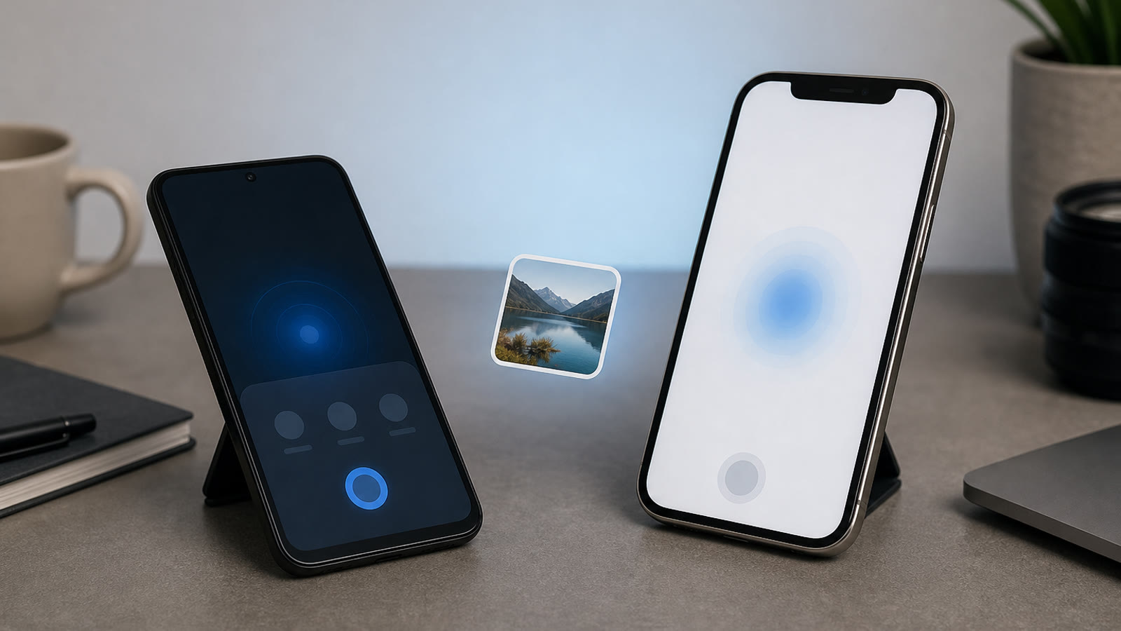 Two smartphones on a desk with an abstract file-sharing glow between them.