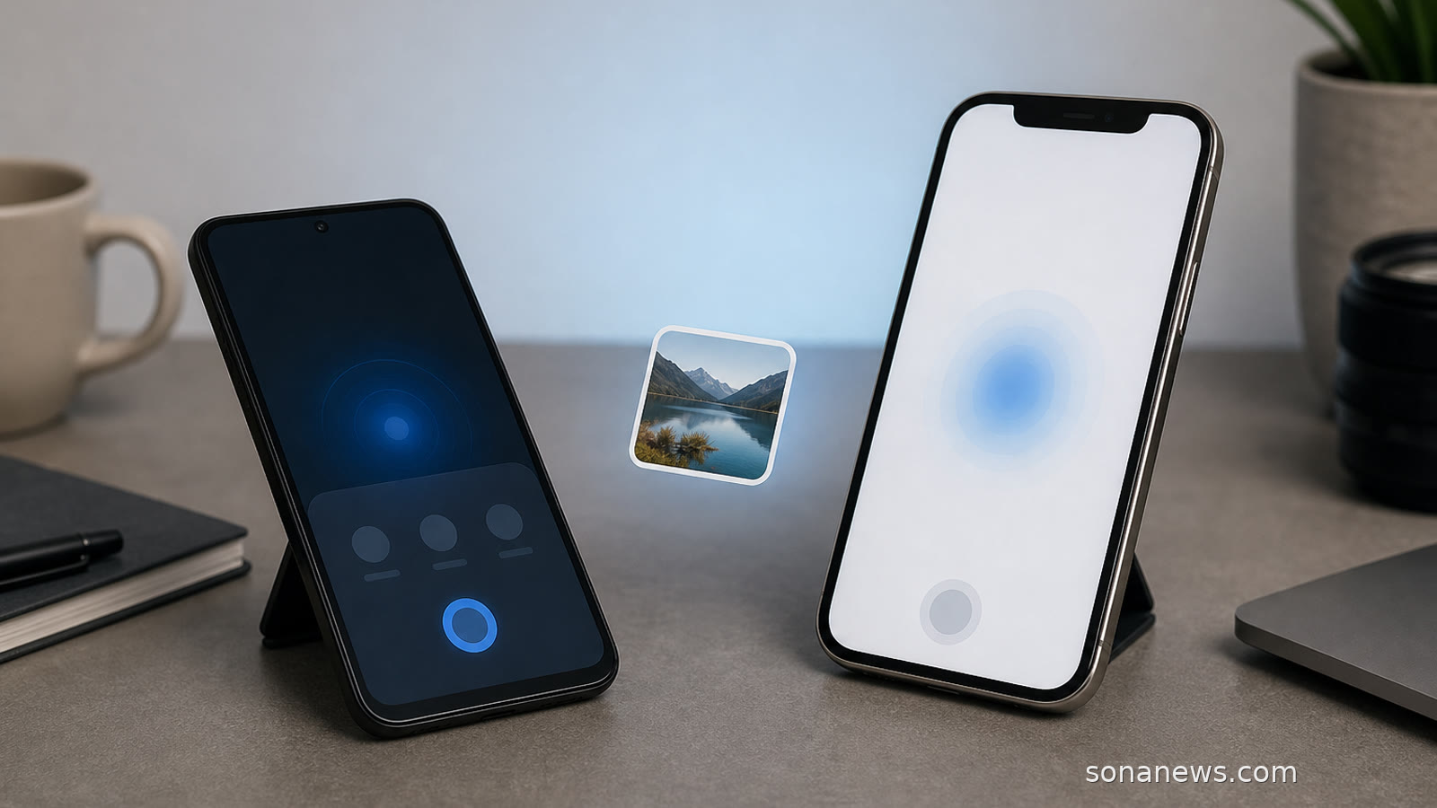 Two smartphones on a desk with an abstract file-sharing glow, illustrating iPhone and Android file sharing becoming easier.