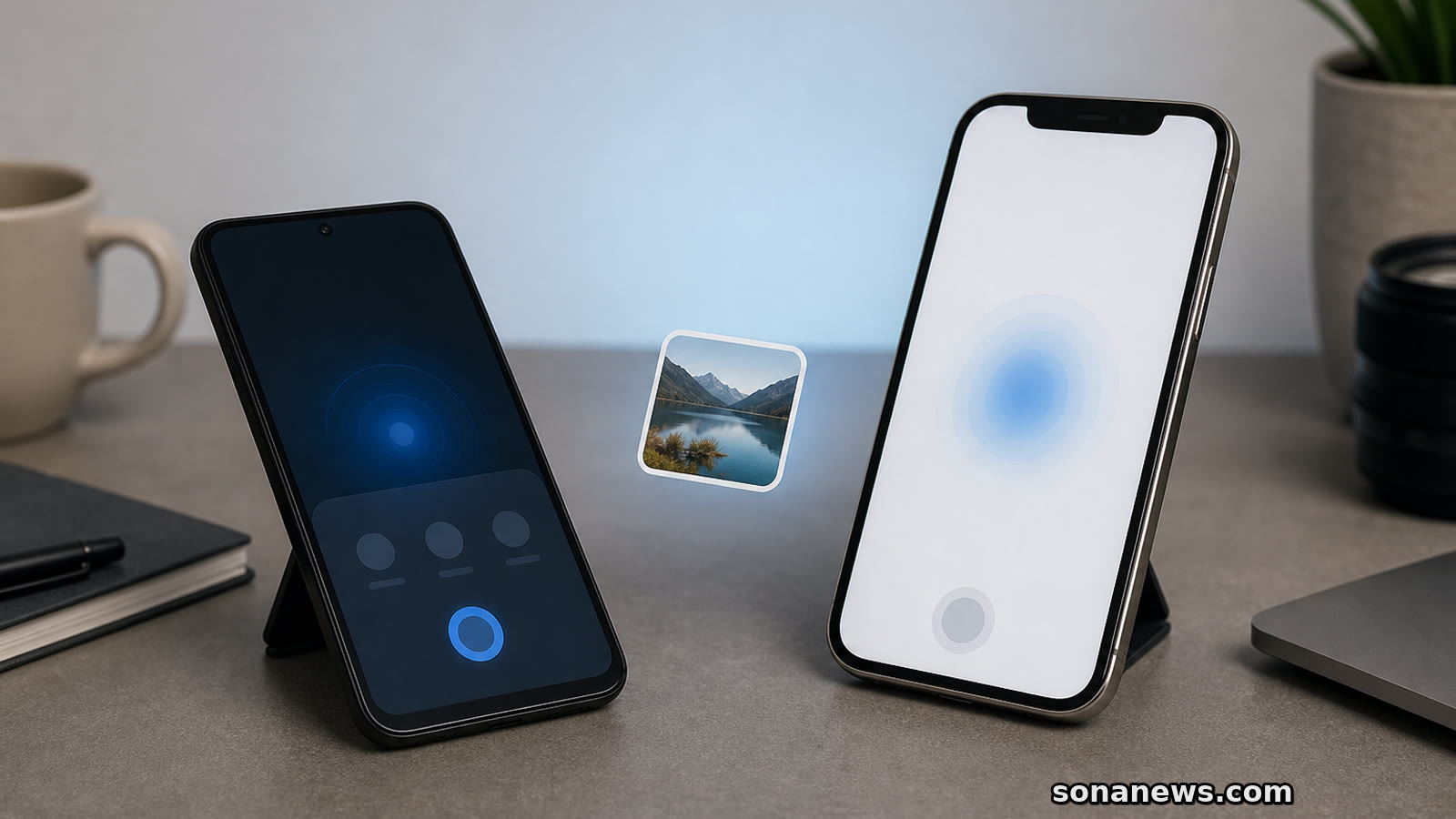 Two smartphones on a desk with an abstract file-sharing glow, illustrating iPhone and Android file sharing becoming easier.