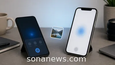 Two smartphones on a desk with an abstract file-sharing glow, illustrating iPhone and Android file sharing becoming easier.