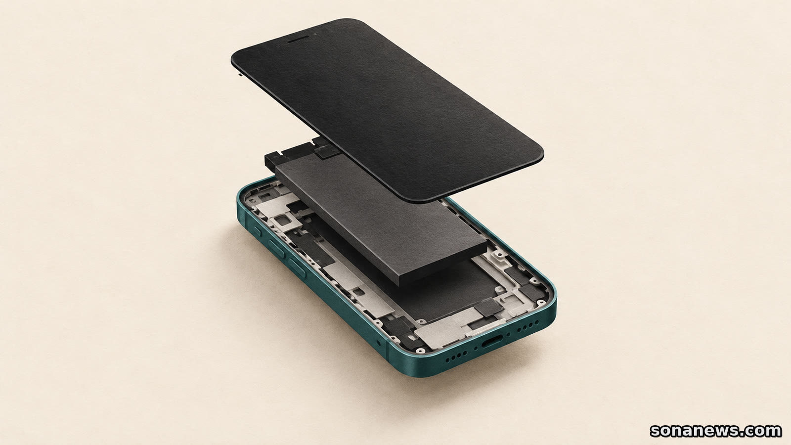 Conceptual phone display lifted above a battery and handset frame, illustrating the separate components recorded in iPhone parts history