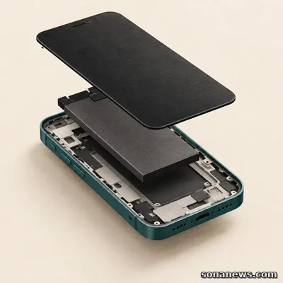 Conceptual phone display lifted above a battery and handset frame, illustrating the separate components recorded in iPhone parts history