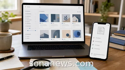 An unbranded laptop shows a generic online ad library beside a phone with a blurred ad transparency panel.