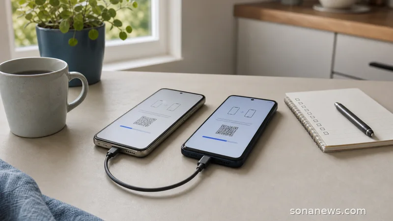 Two generic smartphones on a desk show blank transfer panels for a phone switching data checklist.