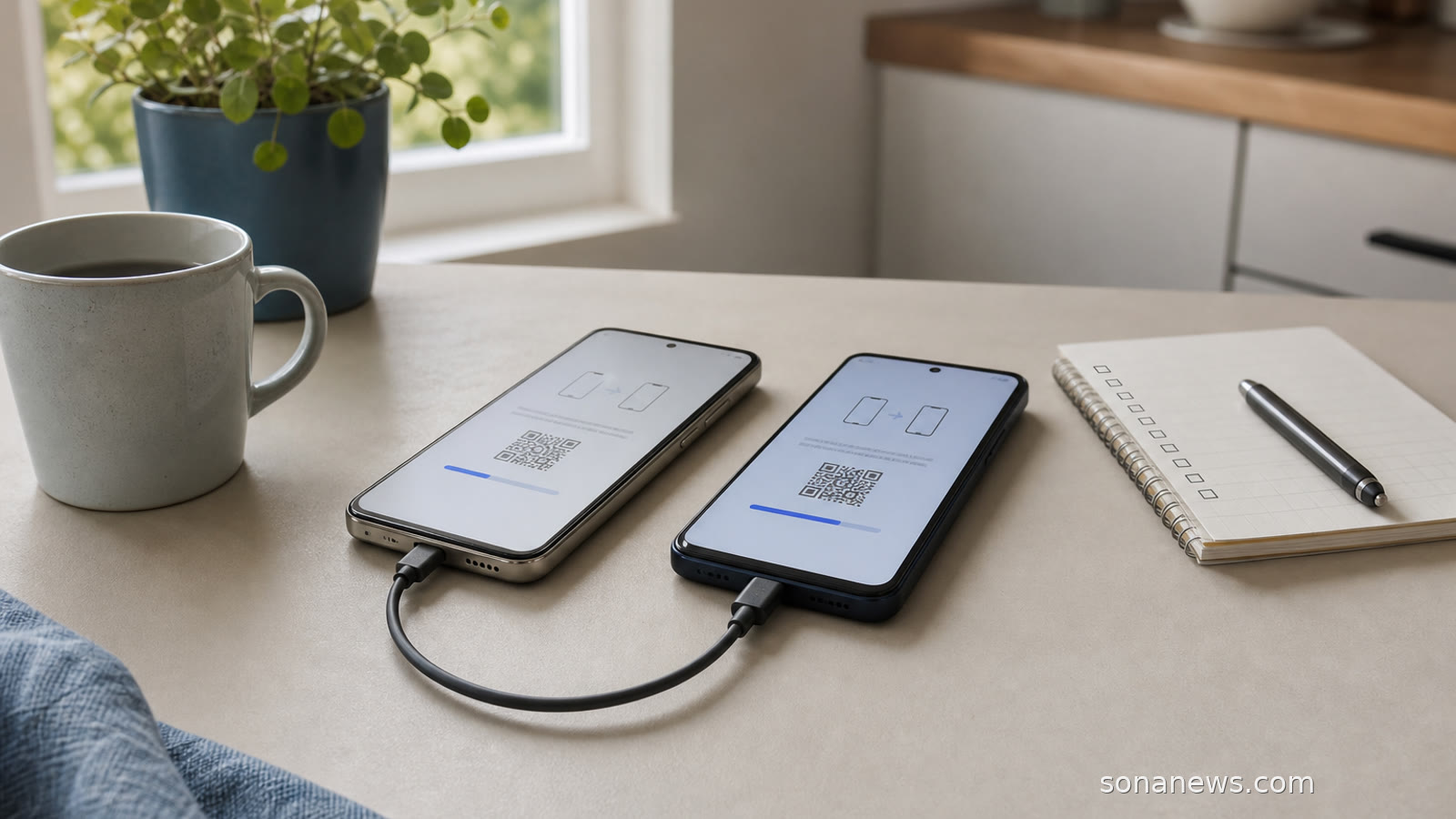 Two generic smartphones on a desk show blank transfer panels for a phone switching data checklist.
