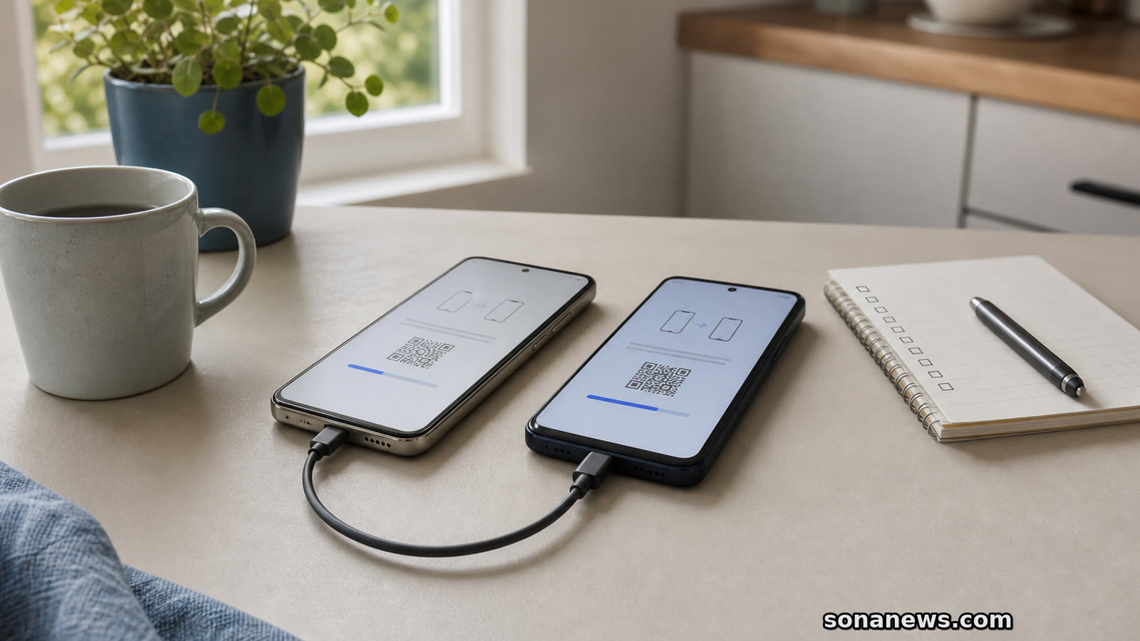 Two generic smartphones on a desk show blank transfer panels for a phone switching data checklist.