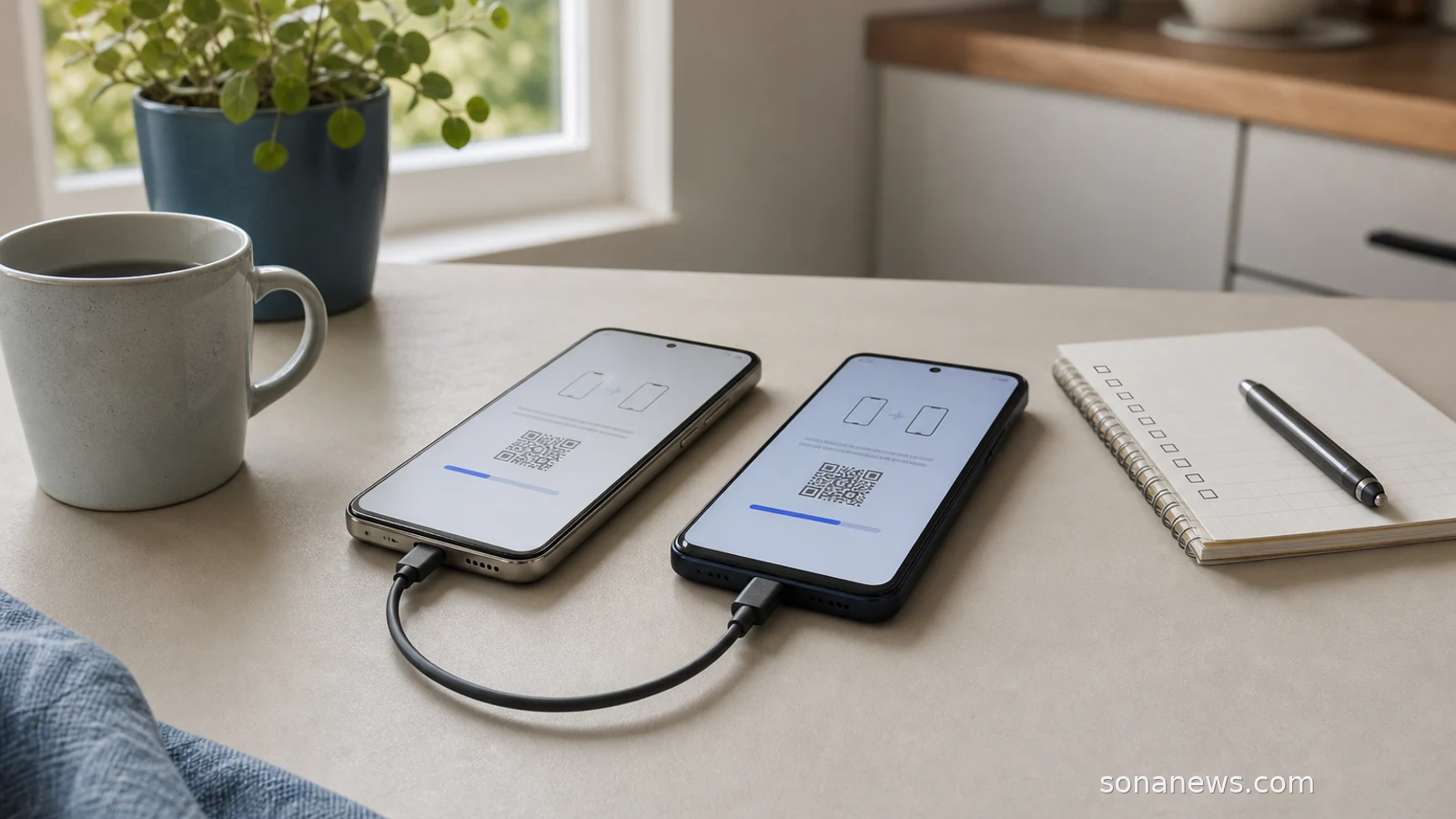 Two generic smartphones on a desk show blank transfer panels for a phone switching data checklist.