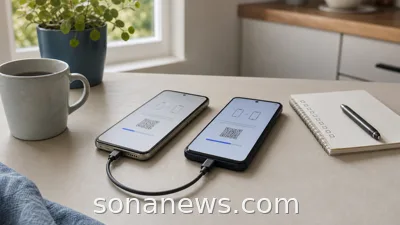 Two generic smartphones on a desk show blank transfer panels for a phone switching data checklist.