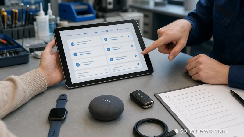 Tablet data export screen beside a smartwatch and connected devices, illustrating EU Data Act product data access.
