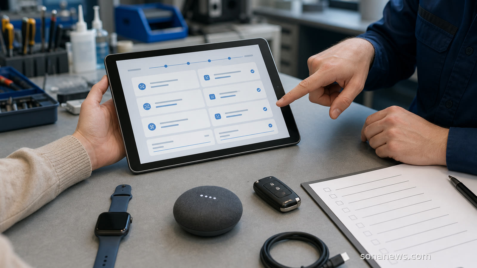 Tablet data export screen beside a smartwatch and connected devices, illustrating EU Data Act product data access.