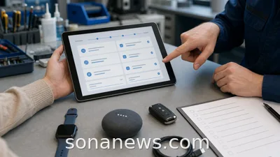 Tablet data export screen beside a smartwatch and connected devices, illustrating EU Data Act product data access.