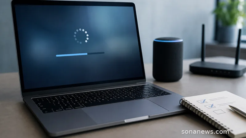 Laptop with a blurred software update screen beside a connected device and notebook, illustrating software updates as a product promise.