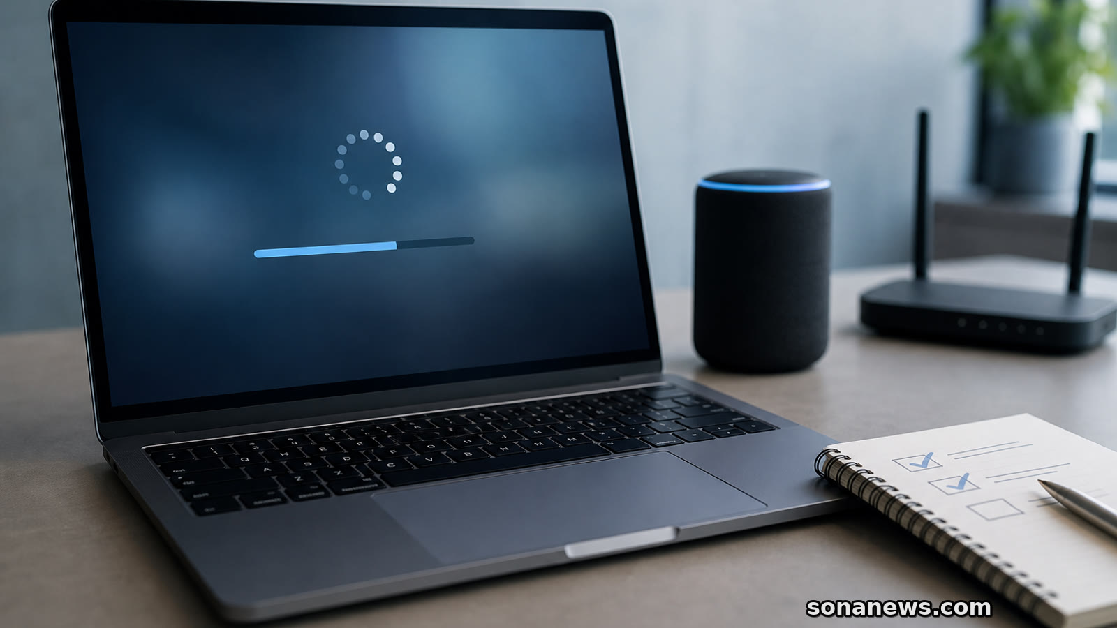 Laptop with a blurred software update screen beside a connected device and notebook, illustrating software updates as a product promise.
