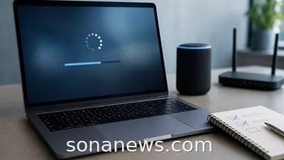 Laptop with a blurred software update screen beside a connected device and notebook, illustrating software updates as a product promise.